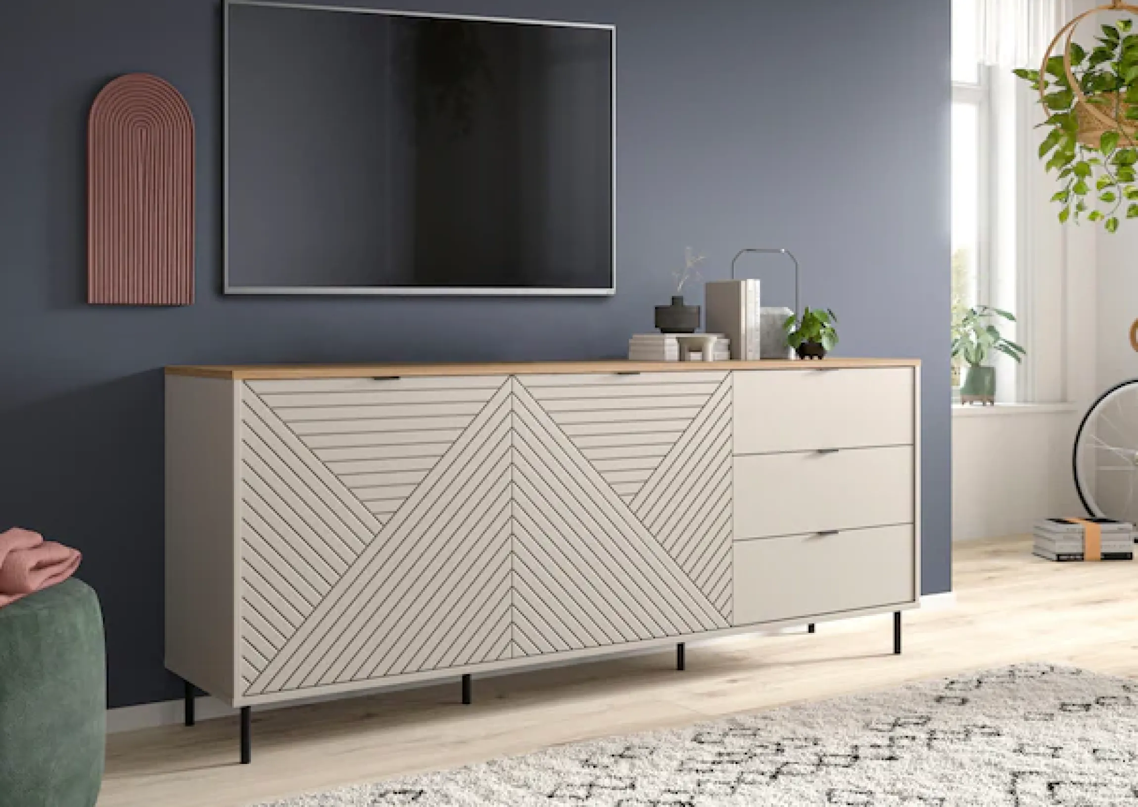 Home affaire Sideboard »RAITA, Breite 184 cm, Front mit Desgin-Fräsung, 2 Türen, viel Stauraum« moderne Farbkombi, individuell einsetzbar, Griffe & Füße aus Metall,Kommode, Anrichte, Schrank, Highboard, TV-Board