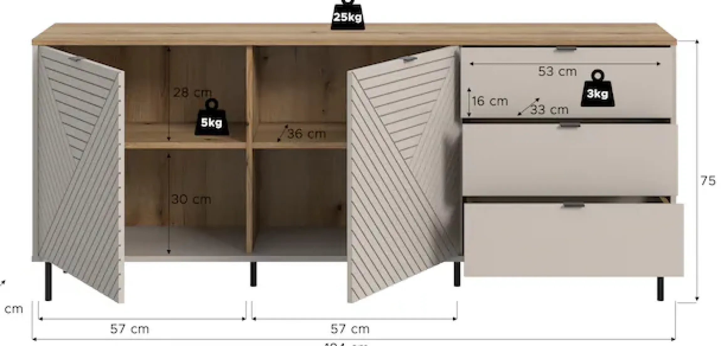 Home affaire Sideboard »RAITA, Breite 184 cm, Front mit Desgin-Fräsung, 2 Türen, viel Stauraum« moderne Farbkombi, individuell einsetzbar, Griffe & Füße aus Metall,Kommode, Anrichte, Schrank, Highboard, TV-Board