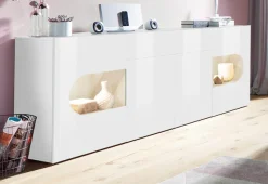 Home affaire Sideboard »Real,Vitrine,Kommode,Schrank,komplett weiß hochglanz lackiert« mit4 Türen davon 2 Glastüren und 1 Schublade ohne Griff Breite 220cm