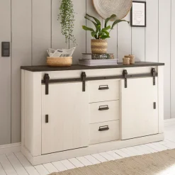 Home affaire Sideboard »Sherwood, Kommode im Industrial-Style, Schrank, Stauraumelement« mit Scheunentorbeschlag & Apothekergriffen, in 2 Farben erhältlich