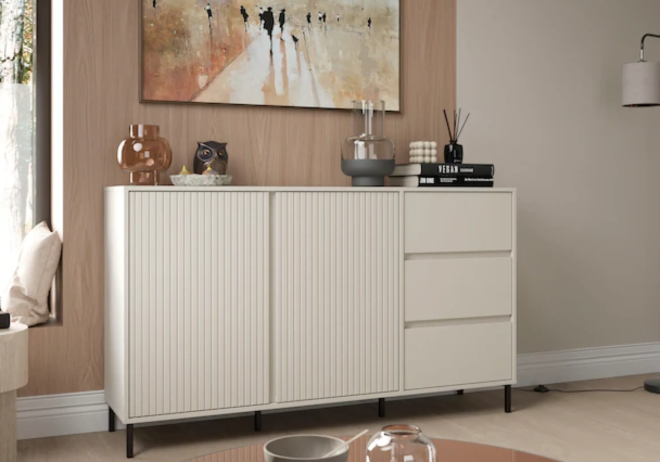 Home affaire Sideboard »viel Stauraum, Soft Close, 2 Türen und 3 Schubkasten« mit Metallfüßen, Breite 158 cm, grifflos, Fronten geriffelt