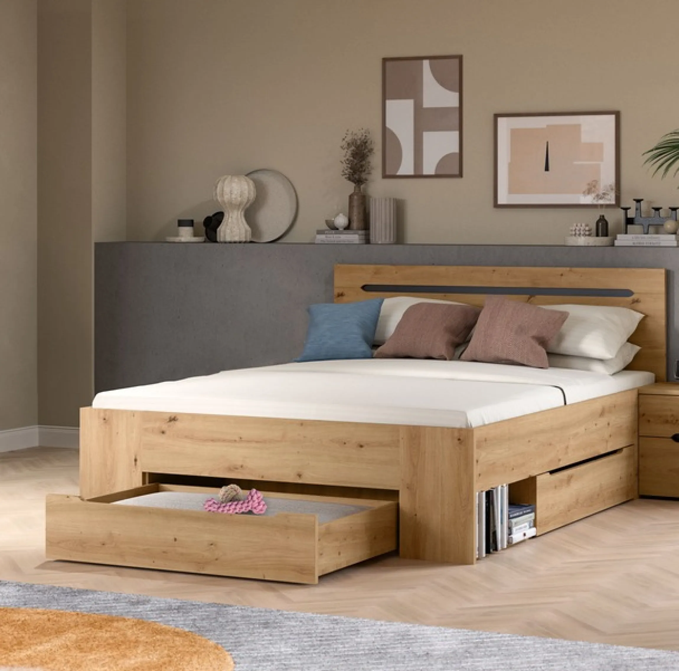 Home affaire Stauraumbett »REHAT, in 144 oder 184 cm Breite, 3 Schubkästen, 2 offene Fächer« TOPSELLER!, für Matratzen 140x200 cm, viel Stauraum, ohne Lattenrost, 1 Stk. tlg. Bett, Kastenbett, Bettgestell, Schlafzimmer, Schlafen