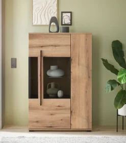 Home affaire Vitrine »Cantara, Vitrinenschrank in Eiche Evoke, Weiß o Kaschmir, Standvitrine« schwarzer Stangengriff, ausreichend Stauraum, vielseitig einsetzbar