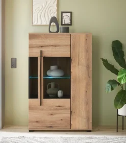 Home affaire Vitrine »Cantara, Vitrinenschrank in Eiche Evoke, Weiß o Kaschmir, Standvitrine« schwarzer Stangengriff, ausreichend Stauraum, vielseitig einsetzbar