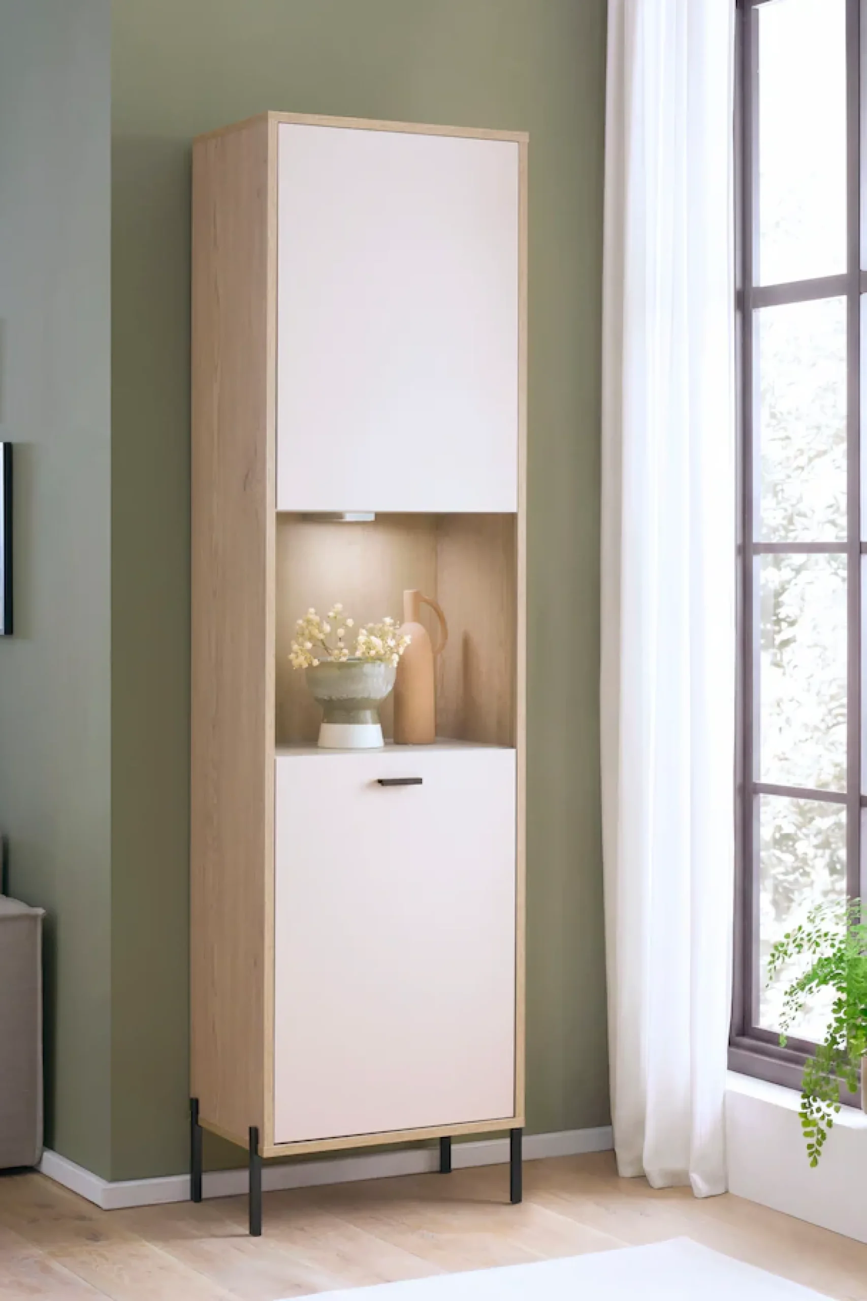 Home affaire Vitrine »Fredericia, moderner Hochschrank,Glasvitrine in Kaschmir, Standvitrine« zeitlos, schwarze Metallgriffe und -füße, ausreichend Stauraum