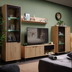 Home affaire Vitrine »Mayenne Vitrinenschrank, Standvitrine, Showcase, B/H: 54,5/195 cm« Holztür mit Rillen-Optik, Glastür, Modernes Design