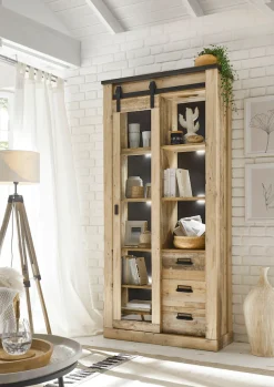 Home affaire Vitrine »Sherwood, Hochschrank im Industrial-Style, moderne Glasvitrine« Scheunentorbeschlag und Apothekergriffe aus Metall, Höhe 201 cm