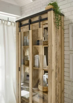 Home affaire Vitrine »Sherwood, Hochschrank im Industrial-Style, moderne Glasvitrine« Scheunentorbeschlag und Apothekergriffe aus Metall, Höhe 201 cm