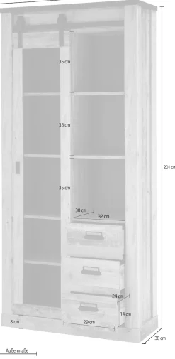 Home affaire Vitrine »Sherwood, Hochschrank im Industrial-Style, moderne Glasvitrine« Scheunentorbeschlag und Apothekergriffe aus Metall, Höhe 201 cm