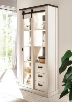Home affaire Vitrine »Sherwood, Hochschrank im Industrial-Style, moderne Glasvitrine« Scheunentorbeschlag und Apothekergriffe aus Metall, Höhe 201 cm