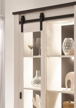 Home affaire Vitrine »Sherwood, Hochschrank im Industrial-Style, moderne Glasvitrine« Scheunentorbeschlag und Apothekergriffe aus Metall, Höhe 201 cm