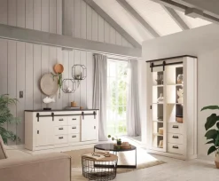 Home affaire Vitrine »Sherwood, Hochschrank im Industrial-Style, moderne Glasvitrine« Scheunentorbeschlag und Apothekergriffe aus Metall, Höhe 201 cm