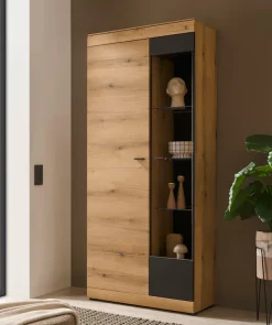 Home affaire Vitrine »Soleto, Vitrinenschrank in Evoke Eiche, moderne Glasvitrine« ausreichend Stauraum, schwarze Griffe aus Metall, zeitlos