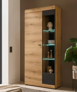 Home affaire Vitrine »Soleto, Vitrinenschrank in Evoke Eiche, moderne Glasvitrine« ausreichend Stauraum, schwarze Griffe aus Metall, zeitlos