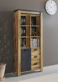 Home affaire Vitrine »York, moderner Hochschrank, Schrank in Hunton Oak Dekor« mit Apothekergriffen aus Metall, Industrialdesign, 200 cm hoch