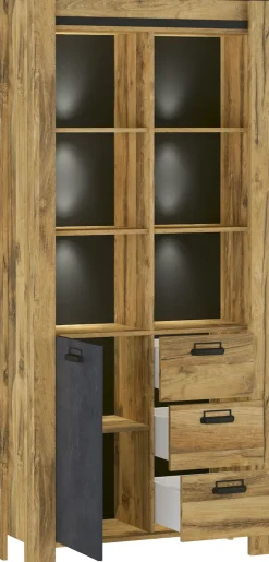 Home affaire Vitrine »York, moderner Hochschrank, Schrank in Hunton Oak Dekor« mit Apothekergriffen aus Metall, Industrialdesign, 200 cm hoch