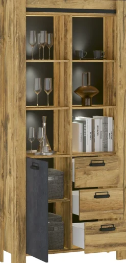 Home affaire Vitrine »York, moderner Hochschrank, Schrank in Hunton Oak Dekor« mit Apothekergriffen aus Metall, Industrialdesign, 200 cm hoch