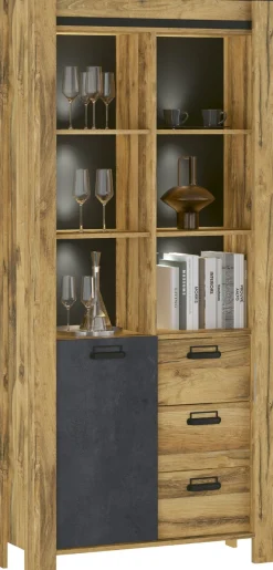 Home affaire Vitrine »York, moderner Hochschrank, Schrank in Hunton Oak Dekor« mit Apothekergriffen aus Metall, Industrialdesign, 200 cm hoch