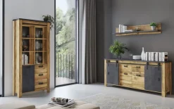 Home affaire Vitrine »York, moderner Hochschrank, Schrank in Hunton Oak Dekor« mit Apothekergriffen aus Metall, Industrialdesign, 200 cm hoch