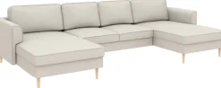 Home affaire Wohnlandschaft »Booster, whlw. mit Schlaffunktion & Bettkasten, Fuß Buche lackiert« Sofa in U-Form, Breite 305 cm, in Cord oder Struktur