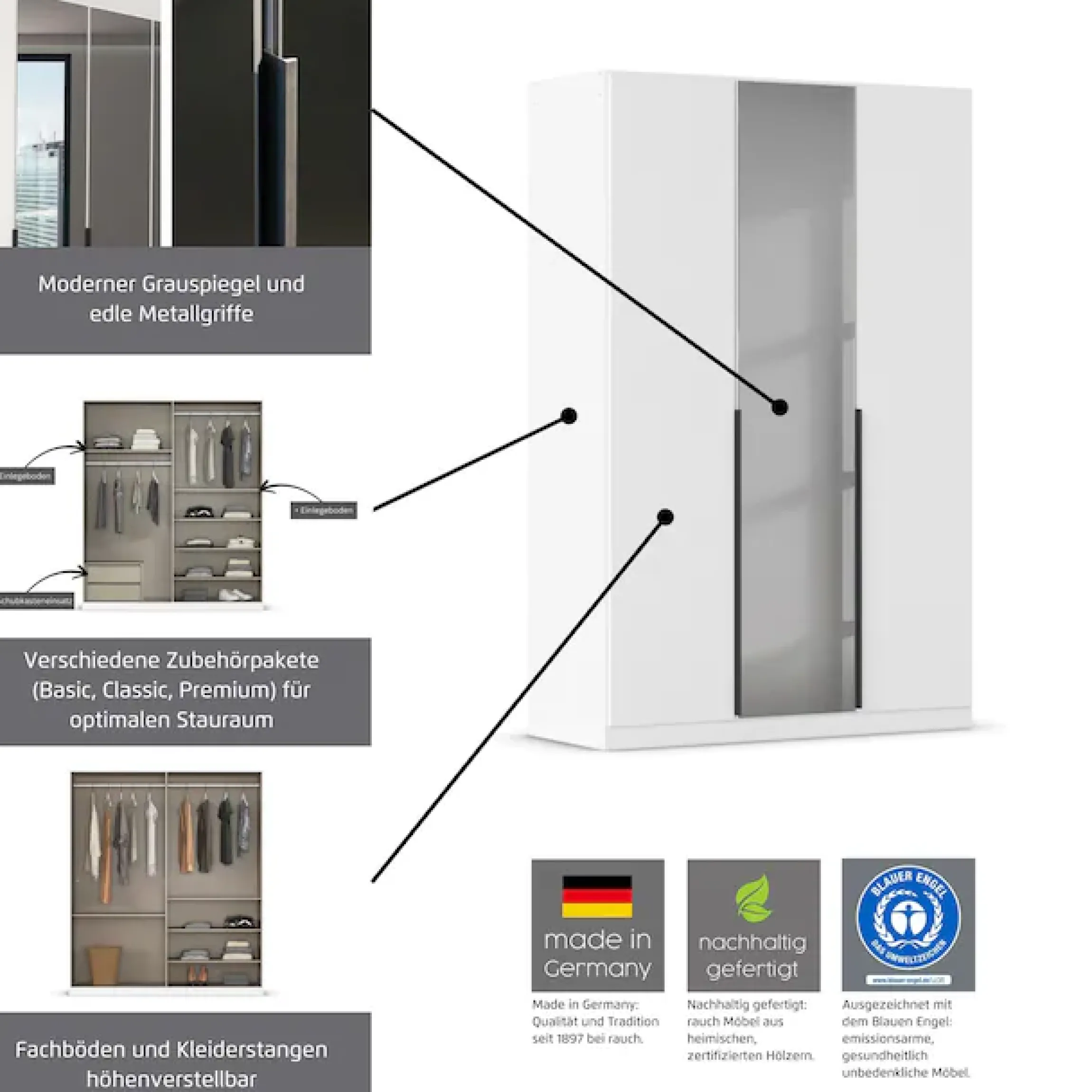 INOSIGN BY RAUCH Drehtürenschrank »Schlafzimmerschrank Kleiderschrank Schrank Garderobe FERRIS« In 3 Ausstattungen BASIC/CLASSIC/PREMIUM, Breiten 136/181/226/271 cm,Mitteltüren mit hochwertigem Grauspiegel MADE IN GERMANY