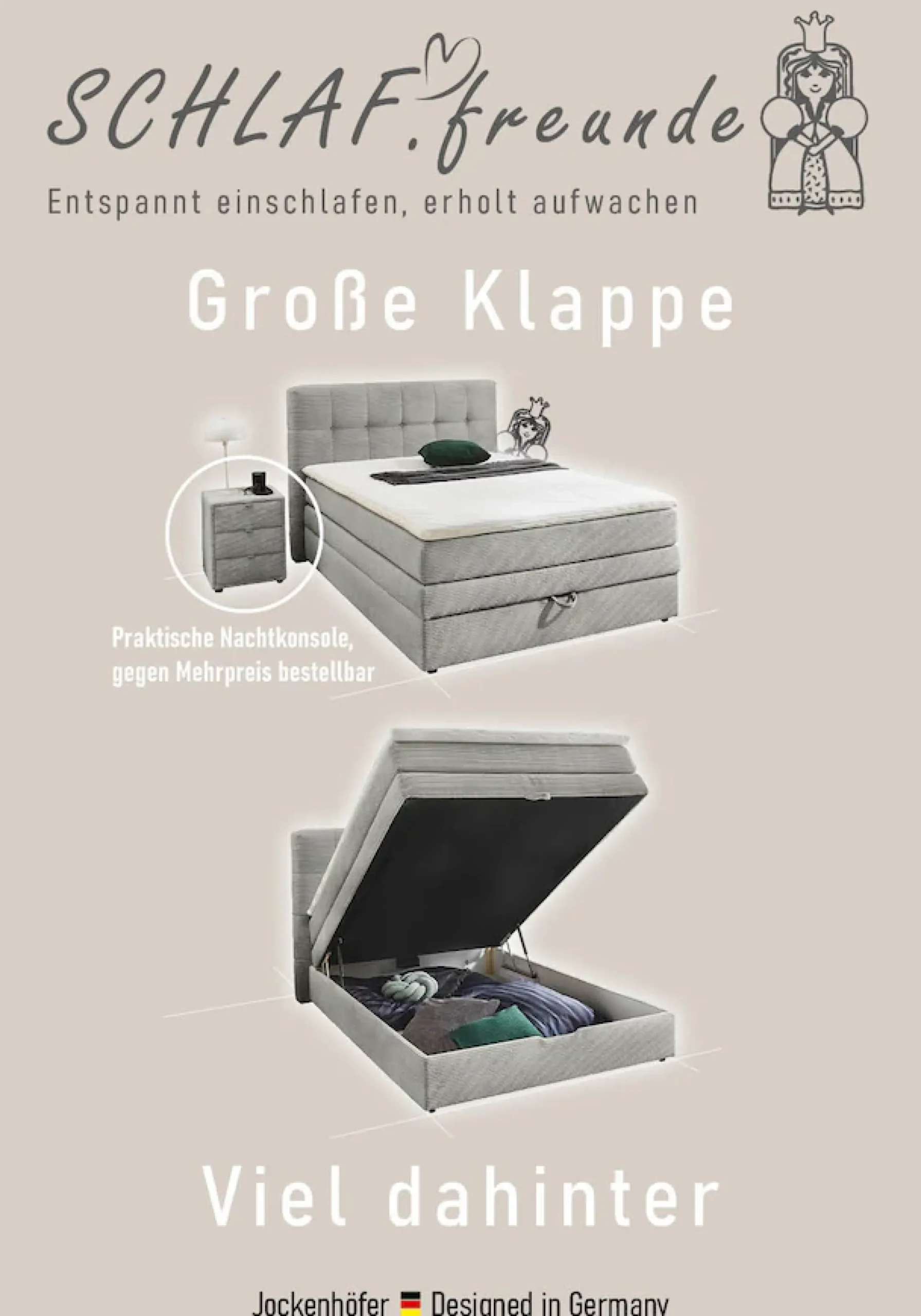 Jockenhöfer Gruppe Boxspringbett »AMY mit Bettkasten, inkl. Taschenfederkernmatratze Härtegrad H3 bis H4« mit 6 cm Kaltschaum-Topper, Cord-Bezug, 180x200 und 200x200 cm