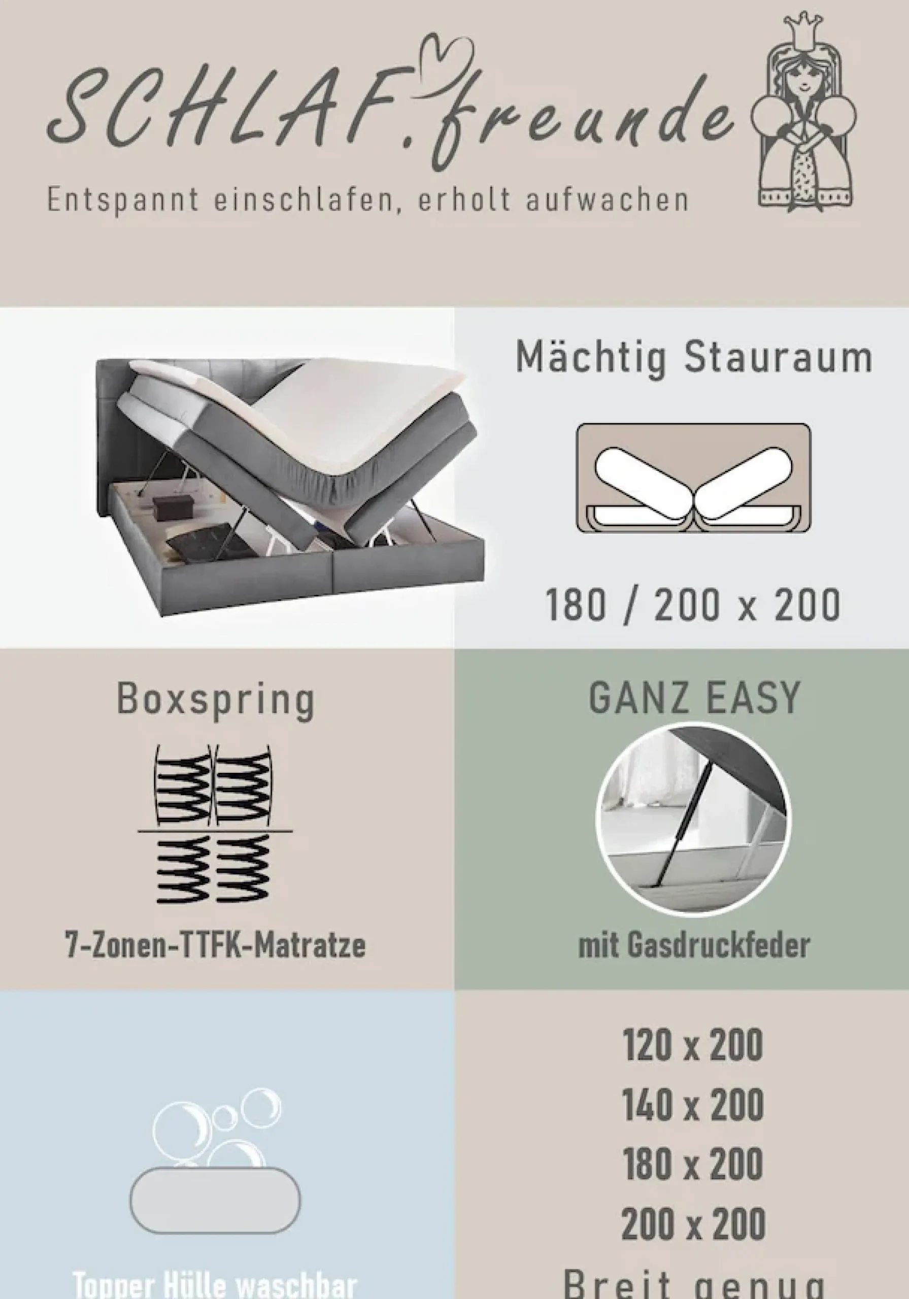 Jockenhöfer Gruppe Boxspringbett »AMY mit Bettkasten, inkl. Taschenfederkernmatratze Härtegrad H3 bis H4« mit 6 cm Kaltschaum-Topper, Cord-Bezug, 180x200 und 200x200 cm