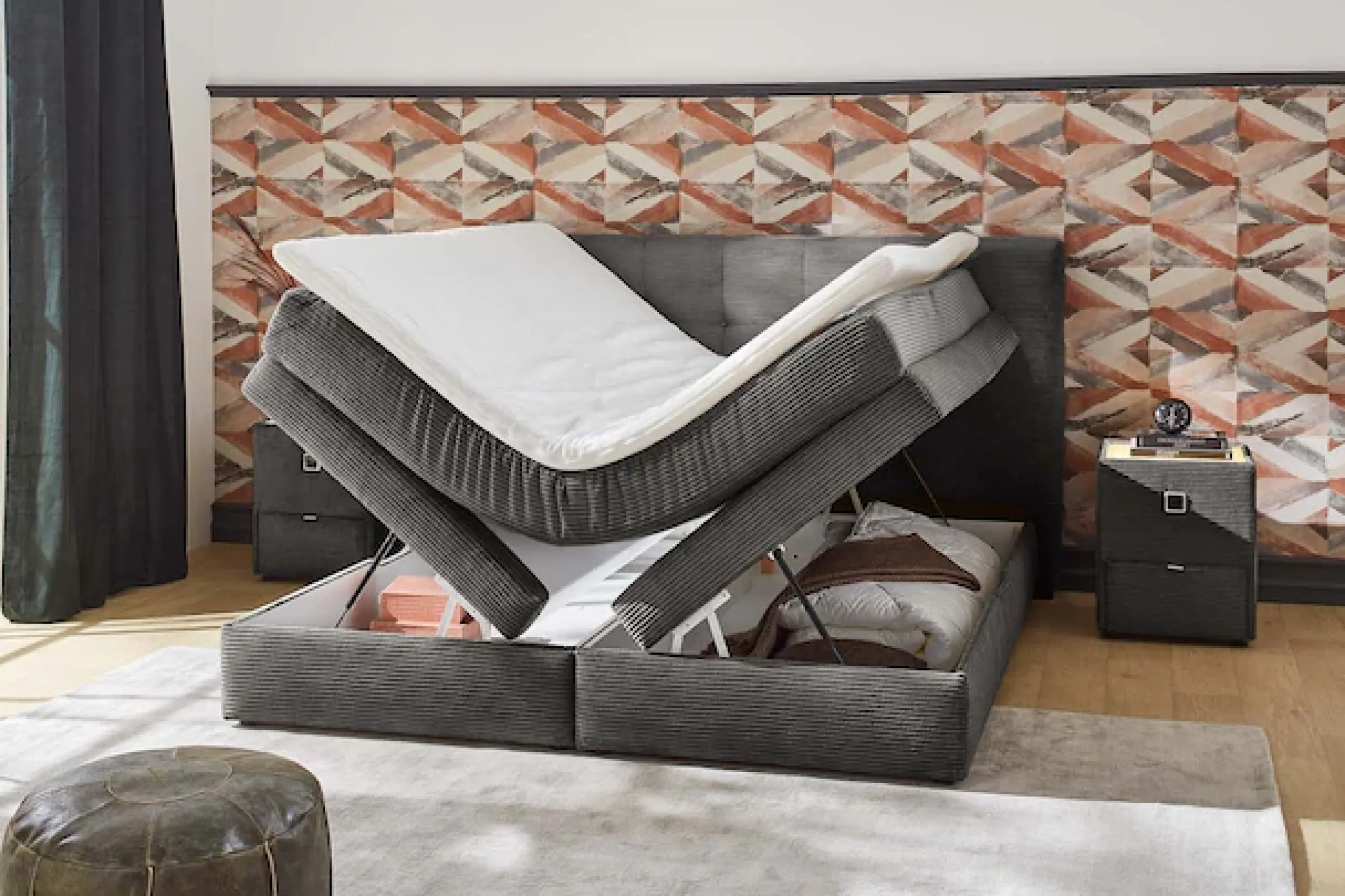 Jockenhöfer Gruppe Boxspringbett »AMY mit Bettkasten, inkl. Taschenfederkernmatratze Härtegrad H3 bis H4« mit 6 cm Kaltschaum-Topper, Cord-Bezug, 180x200 und 200x200 cm