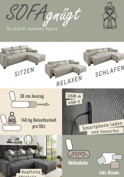 Jockenhöfer Gruppe Ecksofa »Cremona L-Form, B: 263 cm, mit 30 cm elektr. Sitztiefenverstellung« 140kg Belastbarkeit je Sitz, Kopfteilverstellung & USB-Anschluss