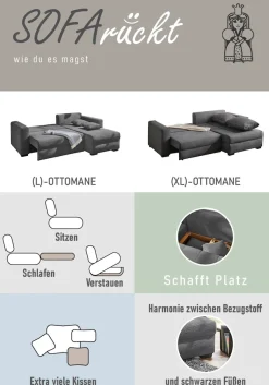 Jockenhöfer Gruppe Ecksofa »Elmau, Größe Ottomane: XL,B:261cm« mit Schlaffunktion, Bettkasten & 2 Zierkissen
