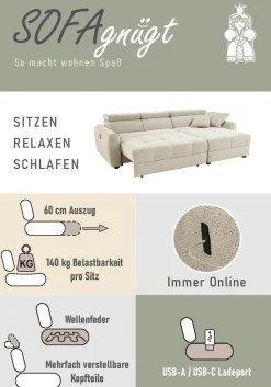 Jockenhöfer Gruppe Ecksofa »Move, L-Form, B: 270cm, mit 60 cm elektrischer Sitztiefenverstellung« 140kg Belastbarkeit je Sitz, Kopfteilverstellung & USB-Anschluss
