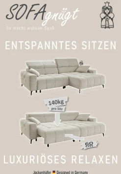 Jockenhöfer Gruppe Ecksofa »Racer, L-Form, B: 290cm, mit 60 cm elektrischer Sitztiefenverstellung« 140kg Belastbarkeit je Sitz, verstellbaren Kopfstützen, USB-Ports