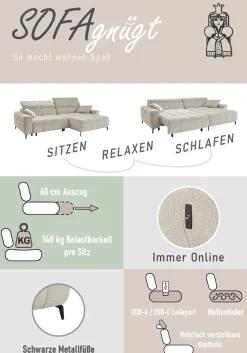 Jockenhöfer Gruppe Ecksofa »Racer, L-Form, B: 290cm, mit 60 cm elektrischer Sitztiefenverstellung« 140kg Belastbarkeit je Sitz, verstellbaren Kopfstützen, USB-Ports
