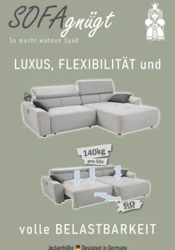 Jockenhöfer Gruppe Ecksofa »Unos L-Form, B: 299 cm, mit 60 cm elektr. Sitztiefenverstellung« 140kg Belastbarkeit, USB-Anschluss, Kopfteilverstellung & Zierkissen
