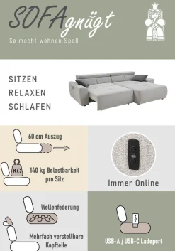 Jockenhöfer Gruppe Ecksofa »Unos L-Form, B: 299 cm, mit 60 cm elektr. Sitztiefenverstellung« 140kg Belastbarkeit, USB-Anschluss, Kopfteilverstellung & Zierkissen