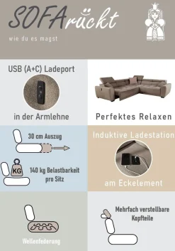 Jockenhöfer Gruppe Wohnlandschaft »Monza L-Form, B: 292x292 cm, mit 30 cm elektr. Sitztiefenverstellung« 140kg Belastbarkeit je Sitz, Kopfteilverstellung & USB-Anschluss