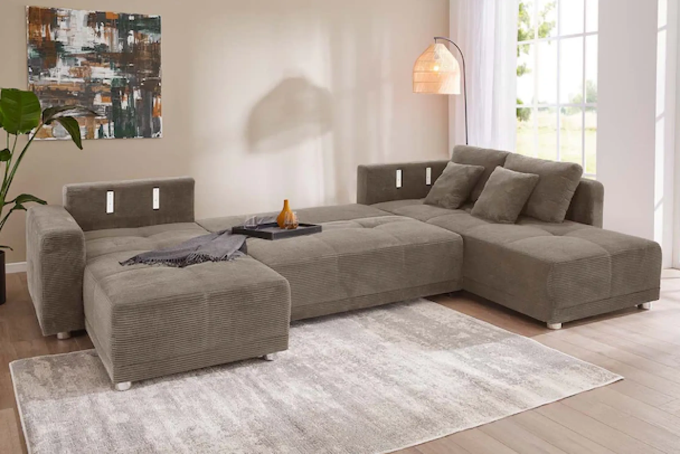 Jockenhöfer Gruppe Wohnlandschaft »Orlando U-Form, B: 337 cm, Liegefl. 135x305 cm« mit Schlaffunktion, Bettkasten, 2 Kopfstützen & 2 Zierkissen,Federkern