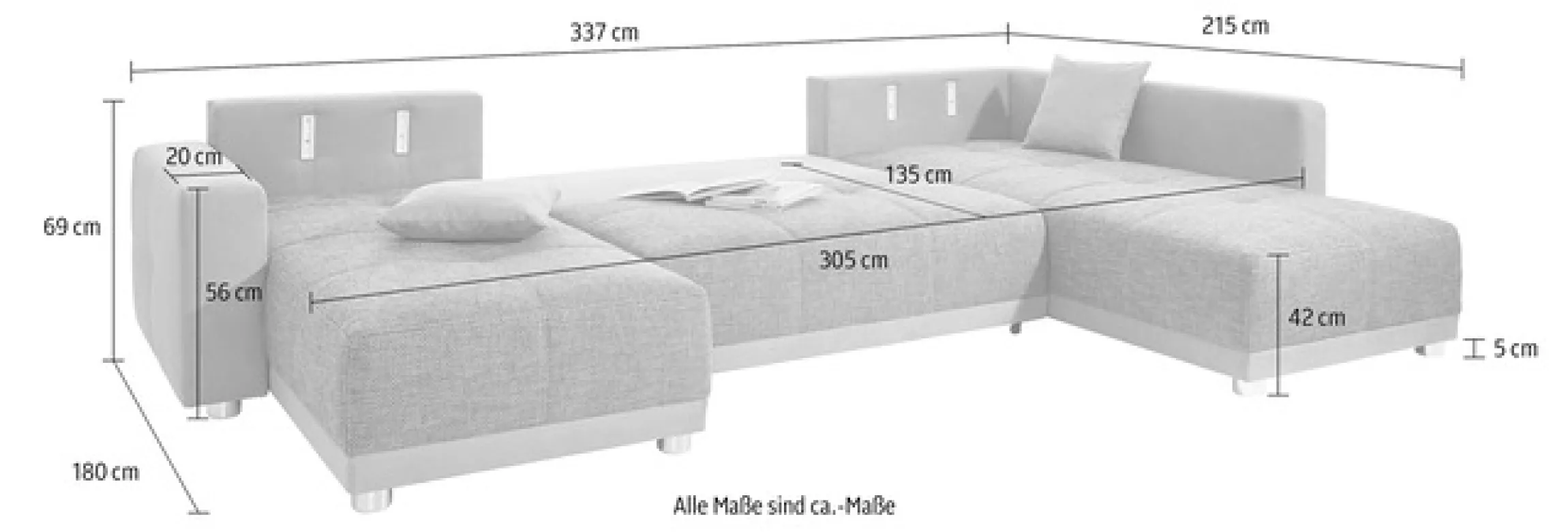 Jockenhöfer Gruppe Wohnlandschaft »Orlando U-Form, B: 337 cm, Liegefl. 135x305 cm« mit Schlaffunktion, Bettkasten, 2 Kopfstützen & 2 Zierkissen,Federkern