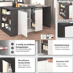 KOCHSTATION Kücheninsel »KS-Sole, Kochinsel, Küchenarbeitsblock, Arbeitsinsel, Made in Italy« Breite 167,5 cm, 2 Apothekerauszüge, 2 Essplätze, 1 offenes Regal