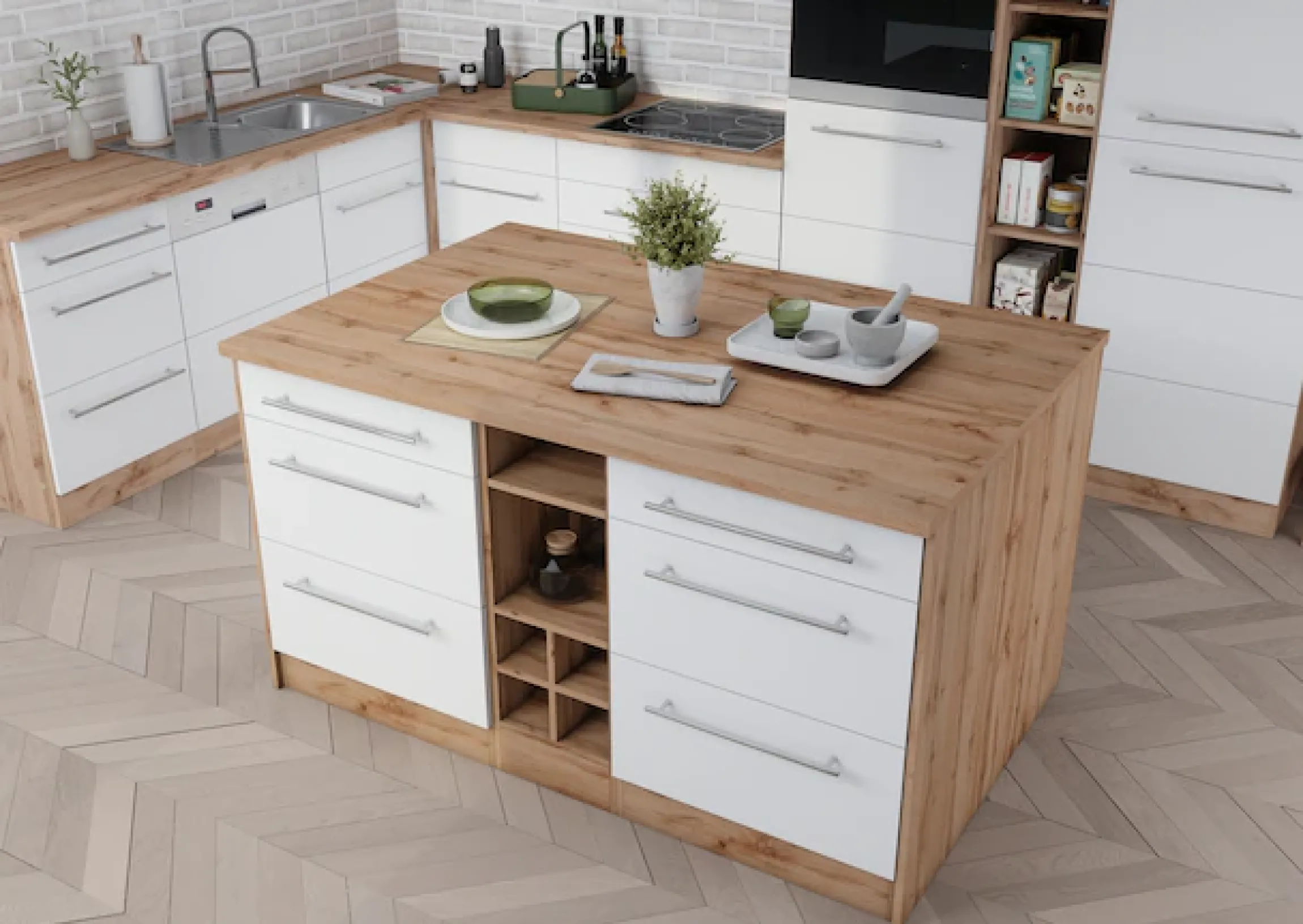 KOCHSTATION Kücheninsel »KS-Wien« Breite 153 cm, MDF-Fronten, Flaschenregal