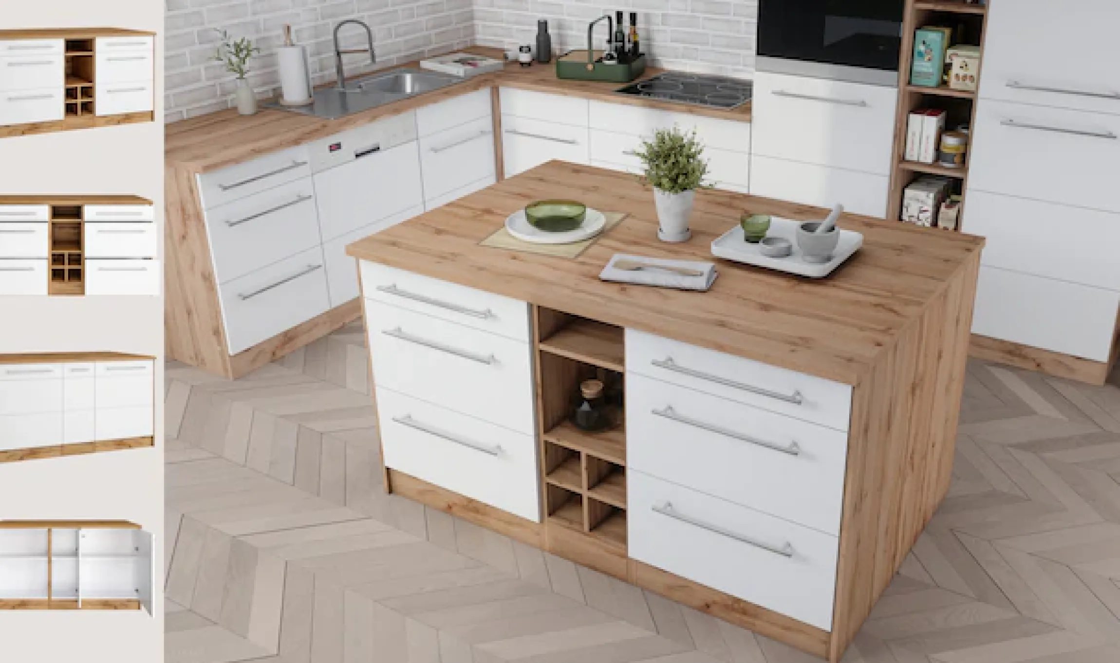KOCHSTATION Kücheninsel »KS-Wien« Breite 153 cm, MDF-Fronten, Flaschenregal