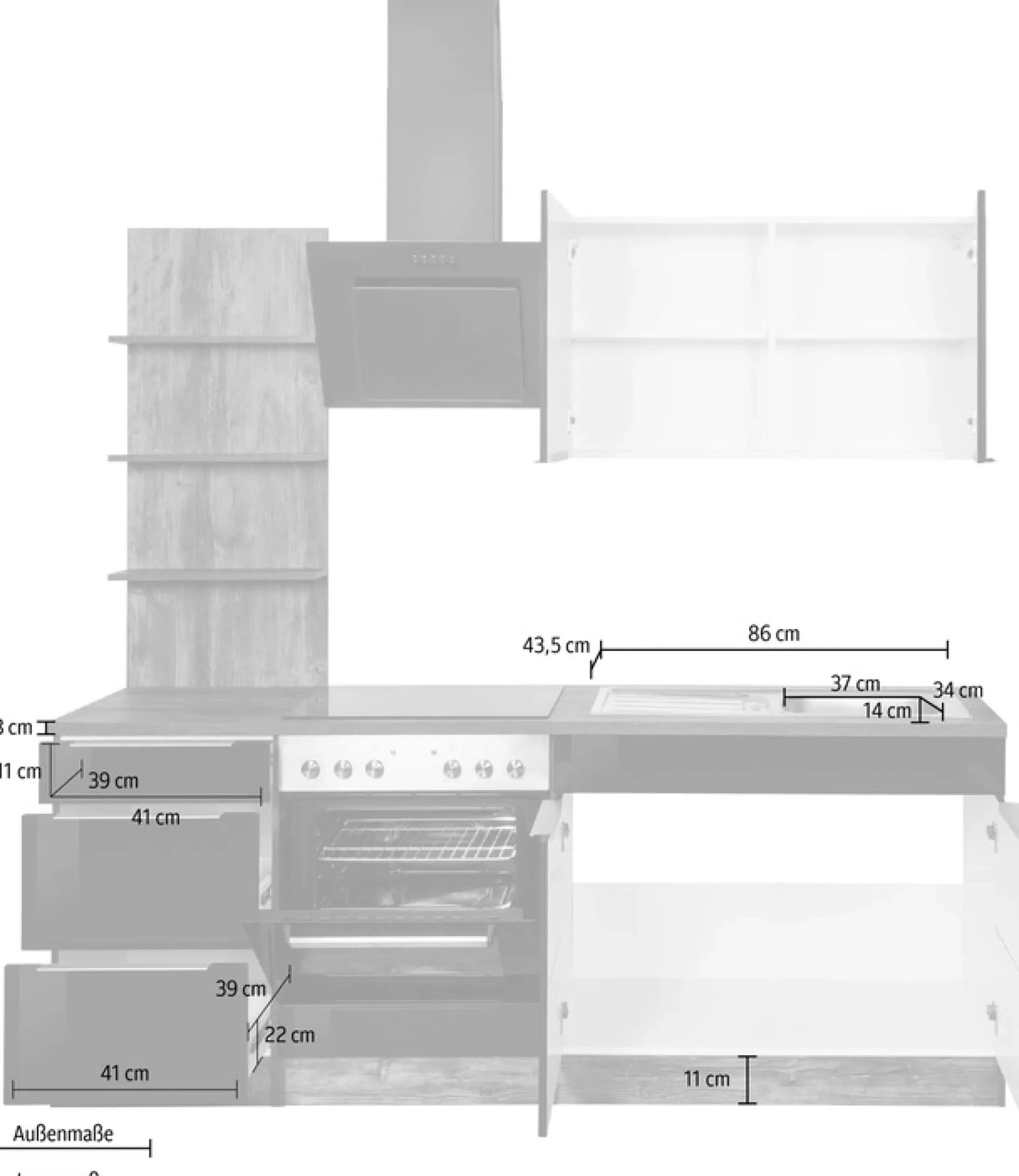 KOCHSTATION Küchenzeile »KS-Brindisi« Breite 210 cm, wahlweise mit E-Geräten, mit MDF-Fronten und Regal