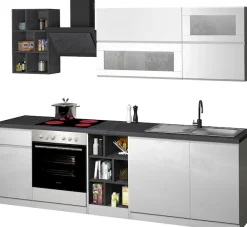 KOCHSTATION Küchenzeile »KS-Sole« Breite 256 cm, Hängeschränke mit Milchglas, ohne E-Geräte