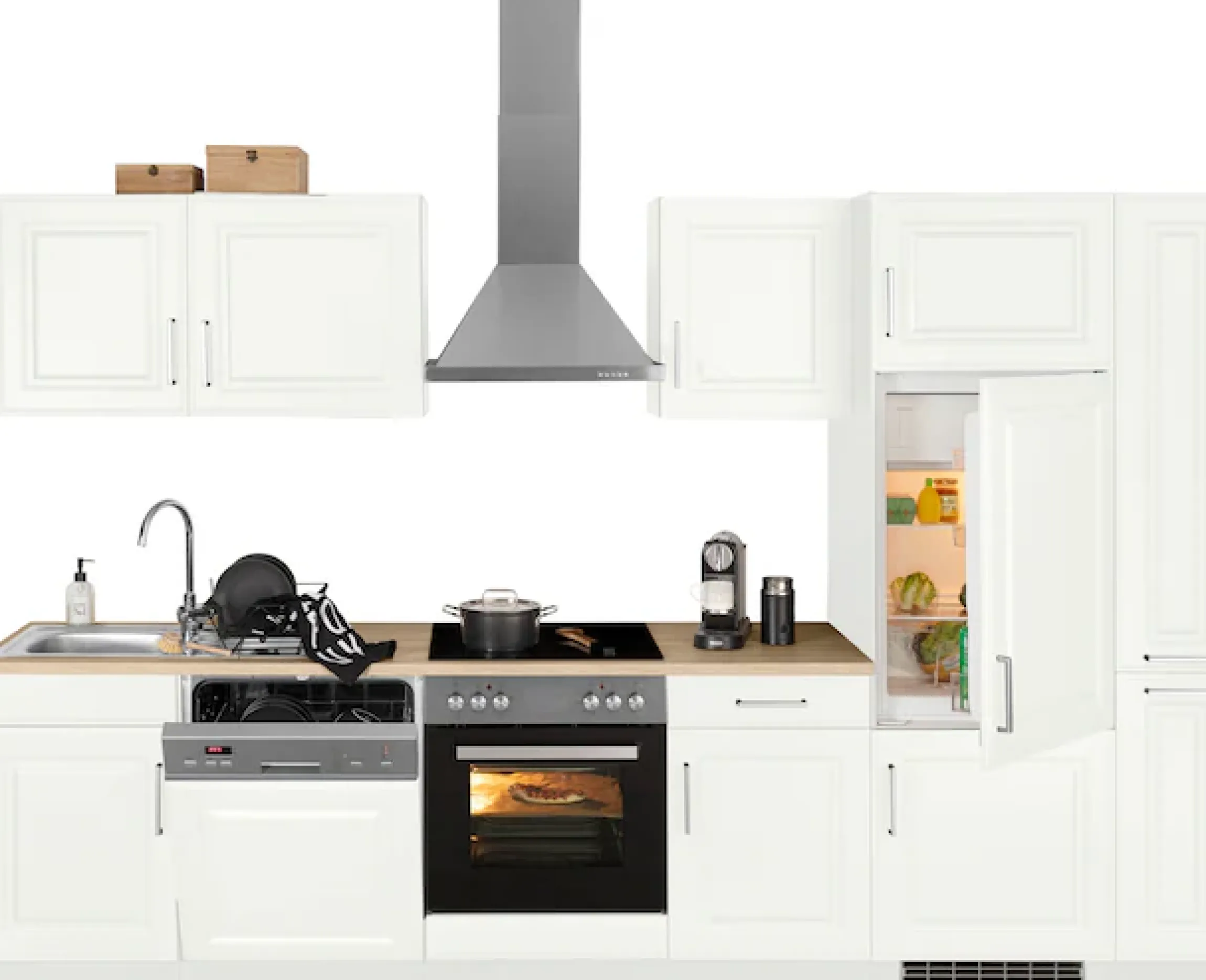 KOCHSTATION Küchenzeile »KS-Stockholm – Küche mit hochwertiger und detailreicher Landhausfront« Breite 310 cm, wahlweise mit E-Geräten,mit MDF-Fronten