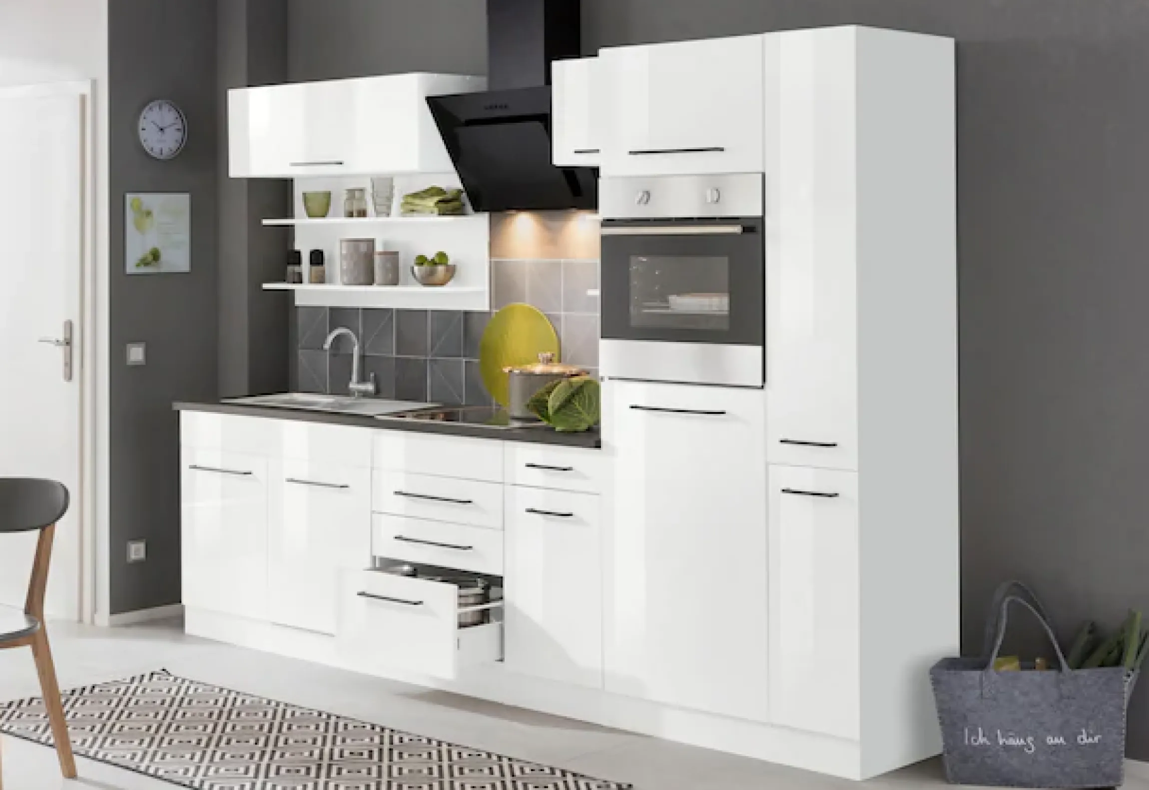KOCHSTATION Küchenzeile »KS-Tulsa« mit E-Geräten, Breite 300 cm, schwarze Metallgriffe, MDF Fronten
