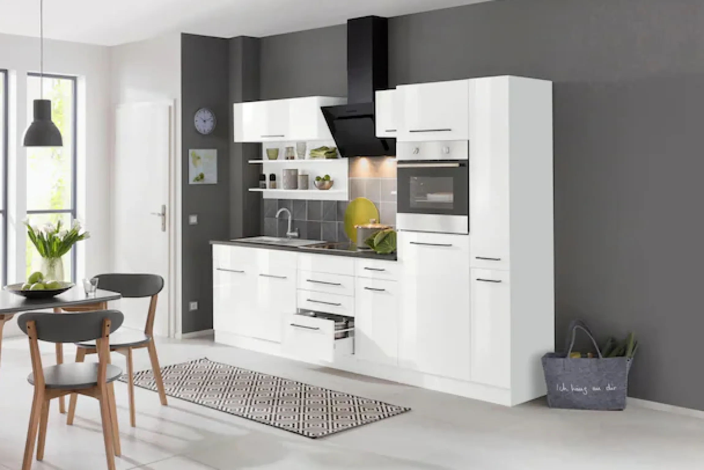 KOCHSTATION Küchenzeile »KS-Tulsa« mit E-Geräten, Breite 300 cm, schwarze Metallgriffe, MDF Fronten