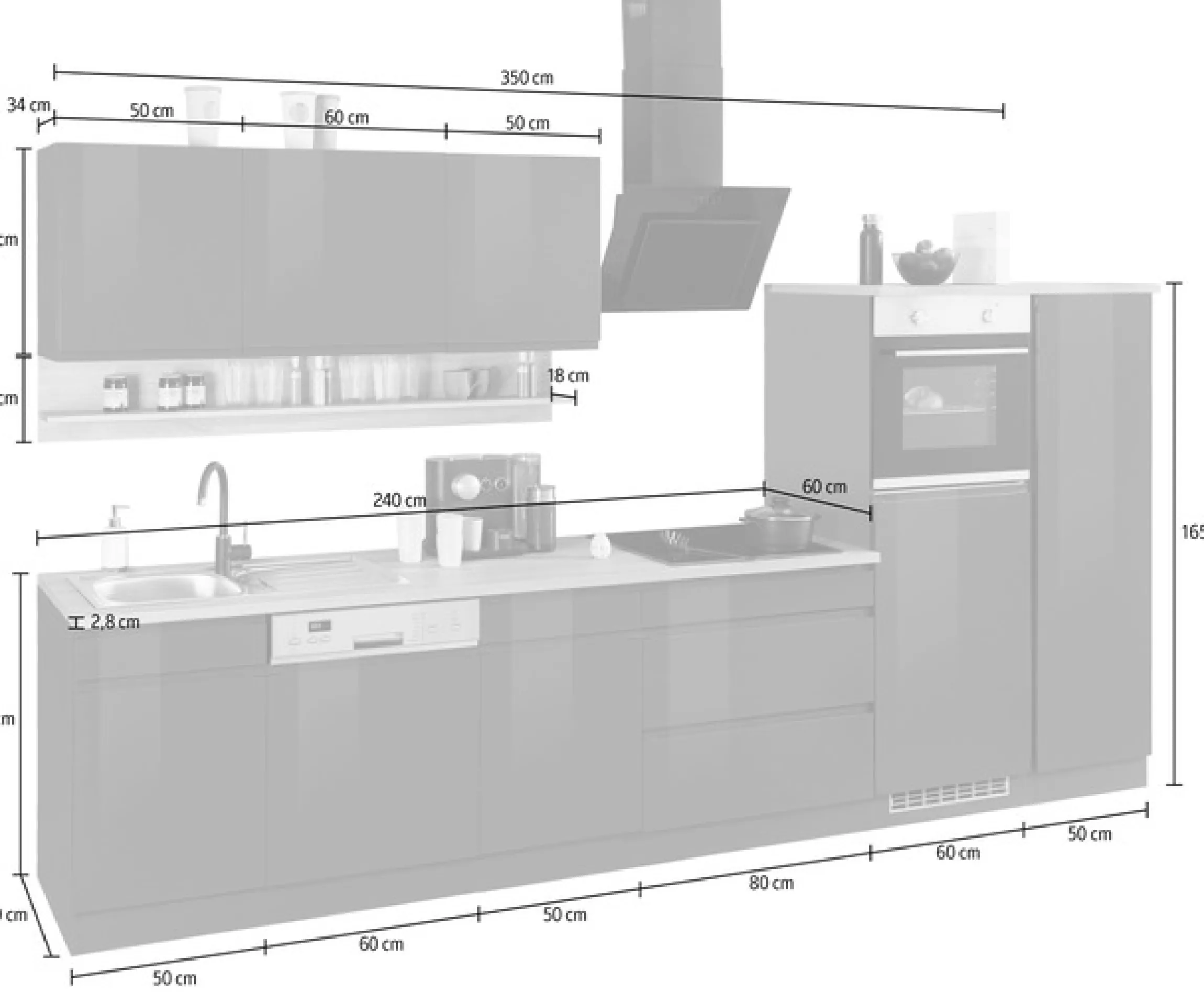 KOCHSTATION Küchenzeile »KS-Virginia,neu in verbesserter Ausführung« Arbeitsplatte 38 mm stark, Stauraum, Softclose,Breite 350 cm,Soft-Close, mit Glaskeramik-oder Induktionskochfeld