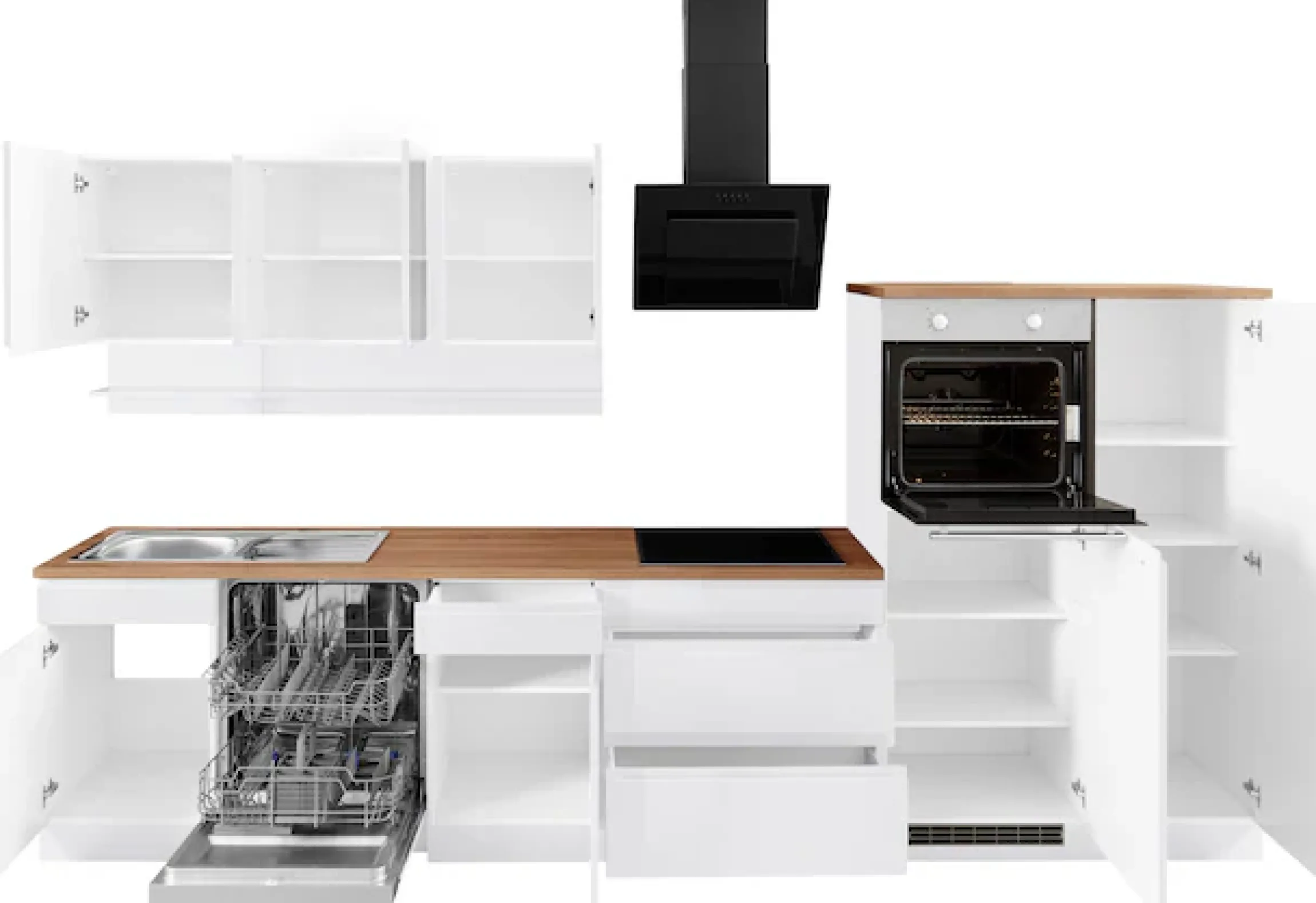 KOCHSTATION Küchenzeile »KS-Virginia,neu in verbesserter Ausführung« Arbeitsplatte 38 mm stark, Stauraum, Softclose,Breite 350 cm,Soft-Close, mit Glaskeramik-oder Induktionskochfeld