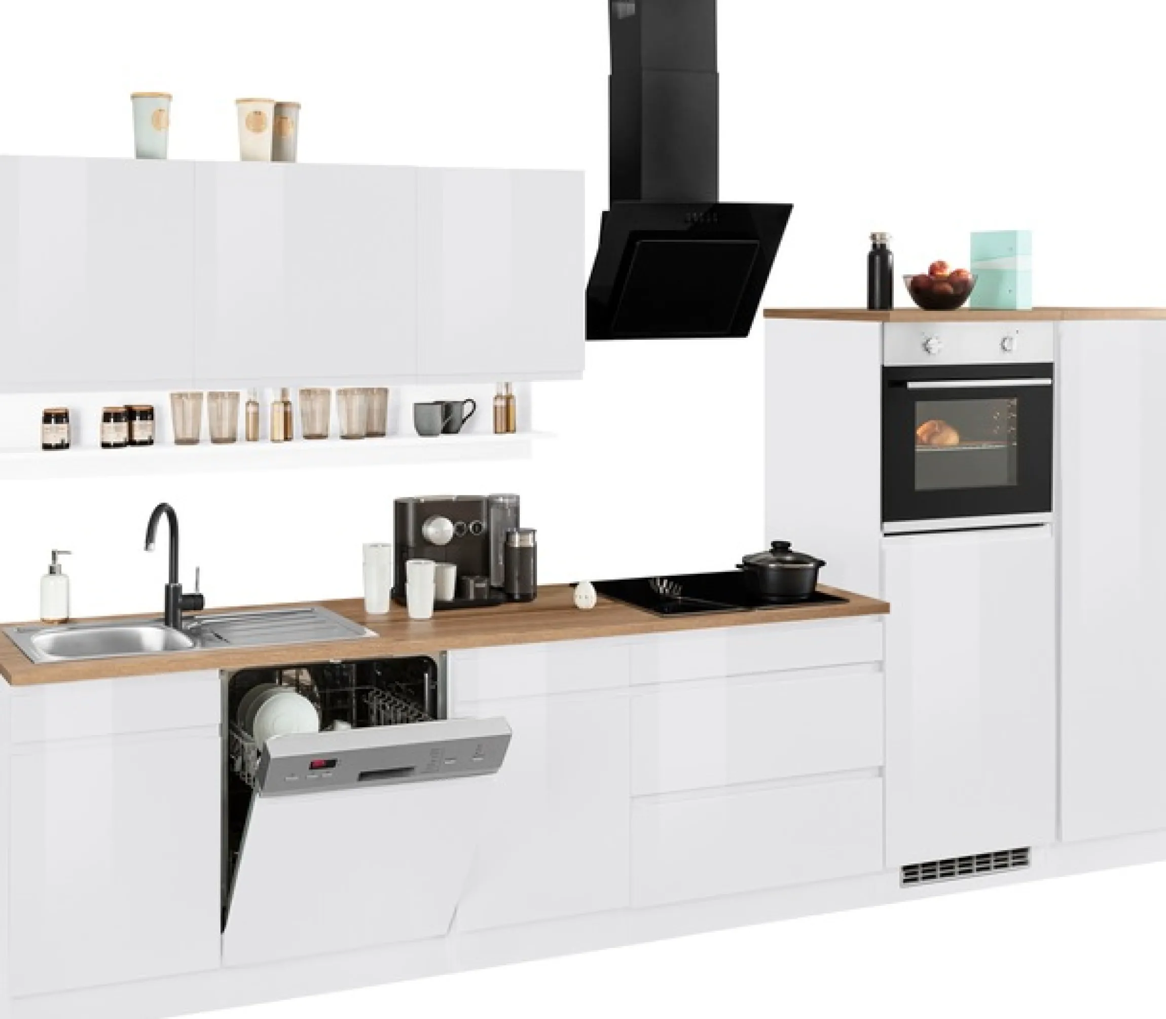 KOCHSTATION Küchenzeile »KS-Virginia,neu in verbesserter Ausführung« Arbeitsplatte 38 mm stark, Stauraum, Softclose,Breite 350 cm,Soft-Close, mit Glaskeramik-oder Induktionskochfeld