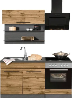 KOCHSTATION Pantryküche »KS-Tulsa« Breite 160 cm, schwarze Metallgriffe, hochwertige MDF Fronten